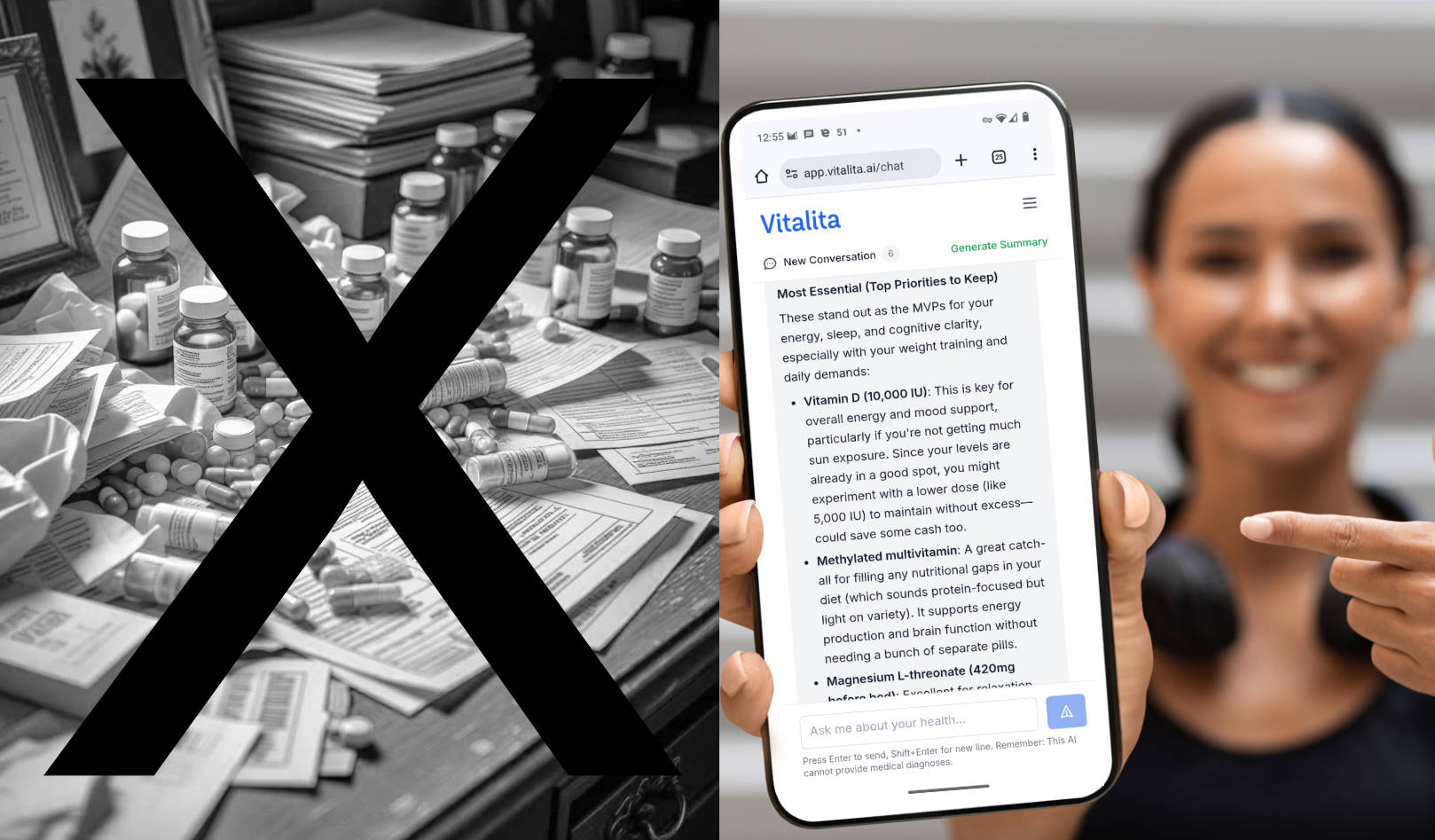 Split-screen comparison showing cluttered supplements and medical bills contrasted with organized AI-powered health insights and breakthrough results